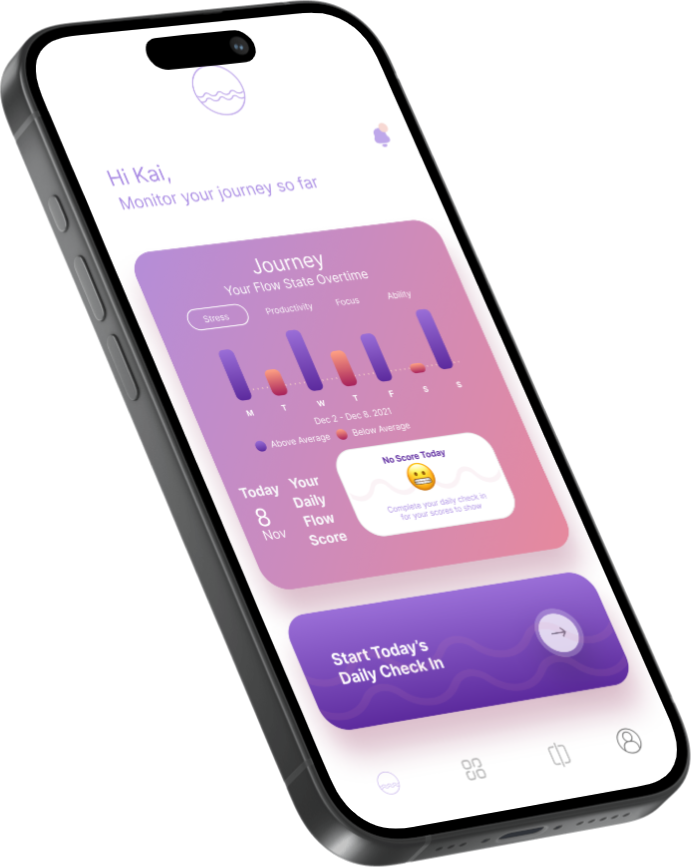 Recess Frontline Ally app showing daily check-in, flow state tracking, and personalized stabilization protocols on a smartphone